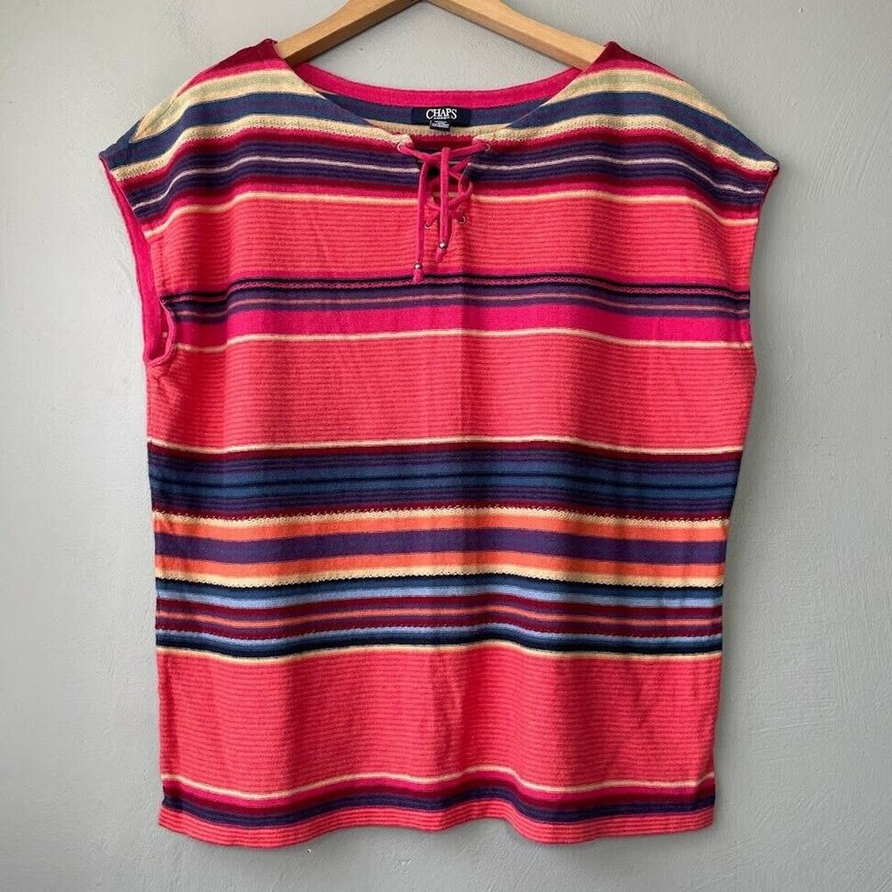 Chaps Linen Blend Top Size XL Lace Up Stripe Sleeveless Lightweight Sweater Tank